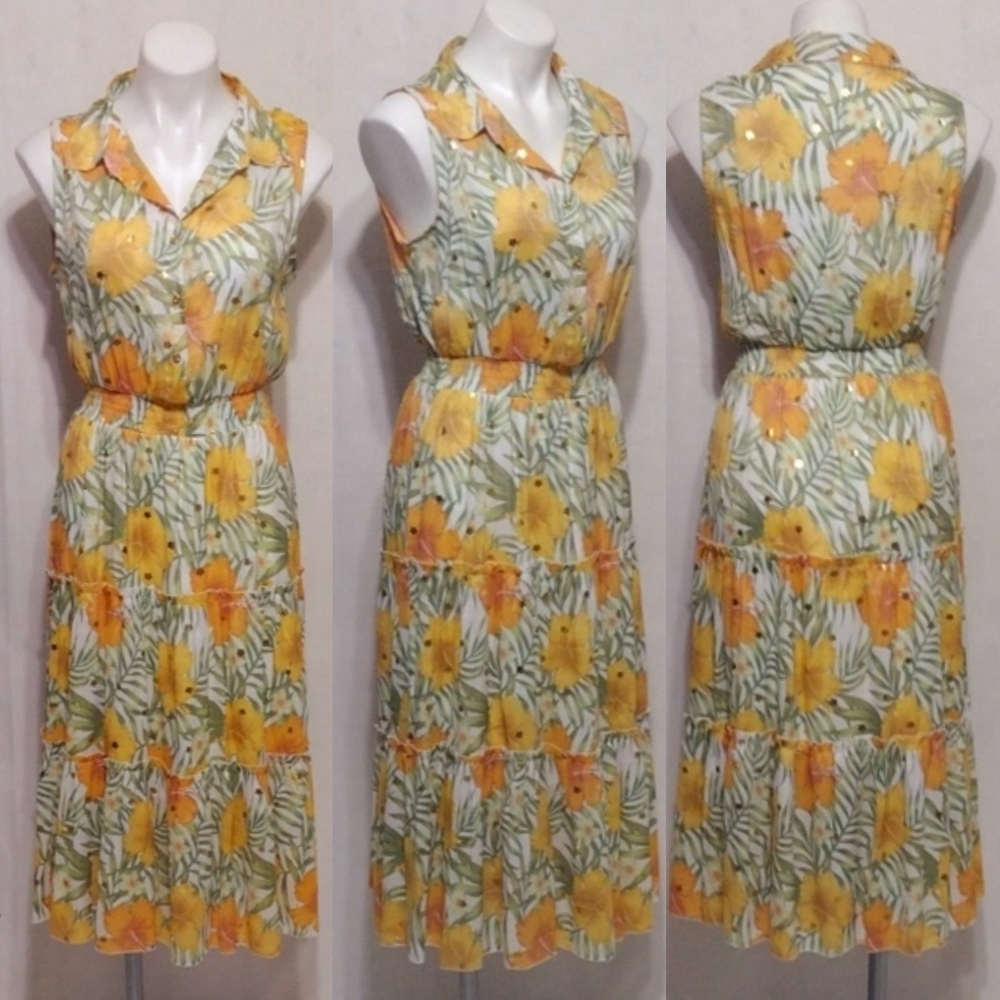 Alex and Parker Medium Tropical Floral Sleeveless Tiered Midi Dress Summer Boho